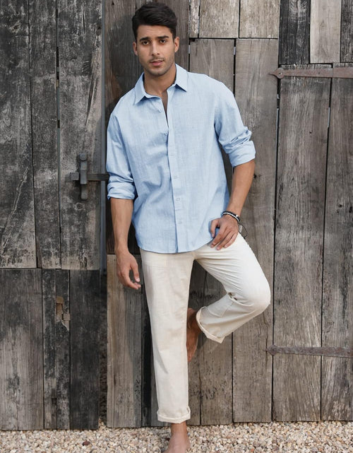 Load image into Gallery viewer, Mens Button down Shirt Linen Cotton Shirts Casual Long Sleeve Spread Collar Lightweight Beach Plain Tops
