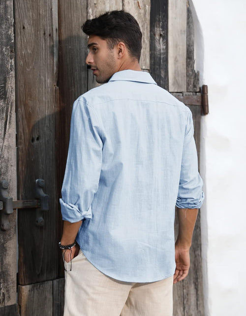 Load image into Gallery viewer, Mens Button down Shirt Linen Cotton Shirts Casual Long Sleeve Spread Collar Lightweight Beach Plain Tops
