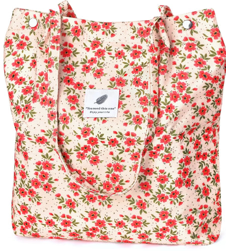Corduroy Tote Bag with Inner Pocket, Large Canvas Shoulder Bag for Women and Girls